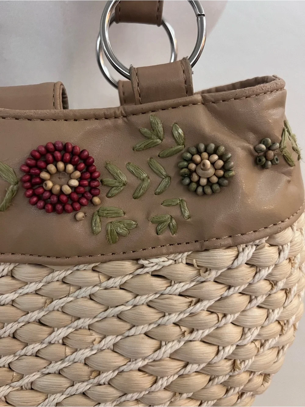 Avon Beige Woven Shoulder Bag with Floral Embellishments